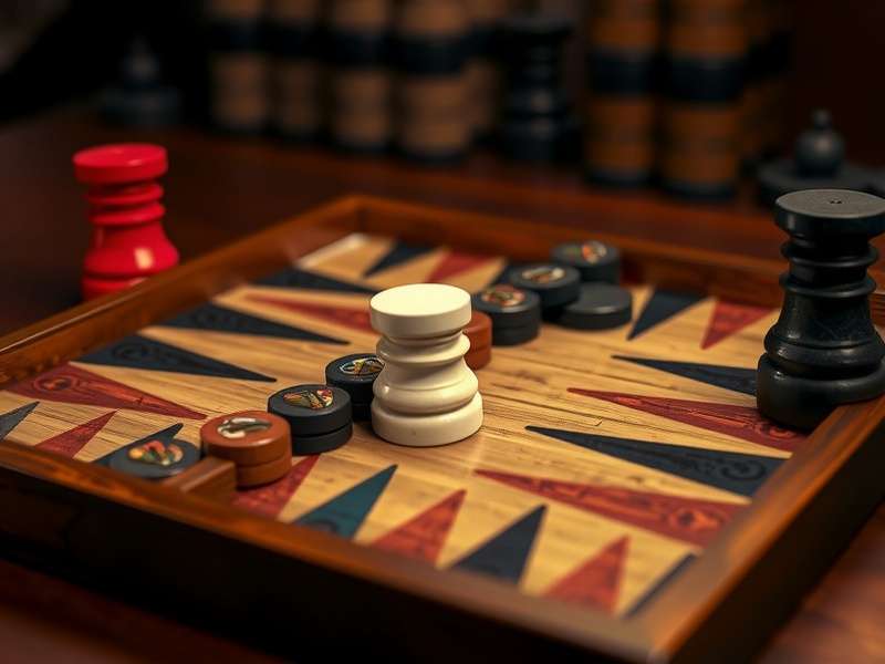 A beautifully arranged Backgammon set with rosewood checkers, dice, and doubling cube on a traditional Indian inlaid board
