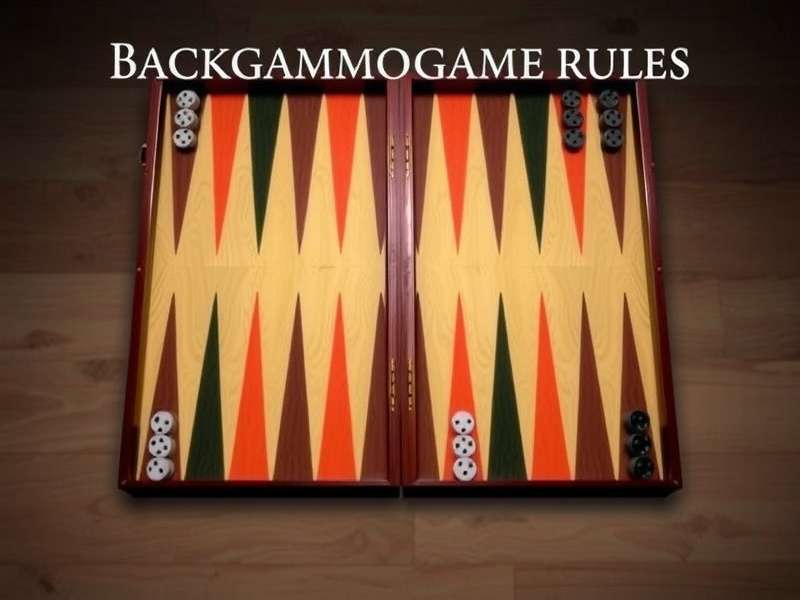 Backgammon board setup with checkers, dice, and doubling cube on a wooden board