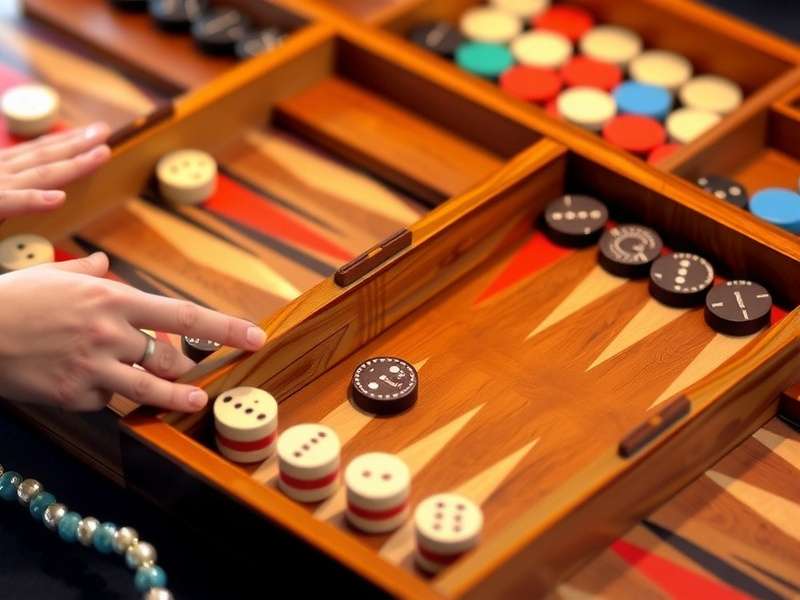 Backgammon Game Set – premium wooden board with checkers and dice on a luxurious table