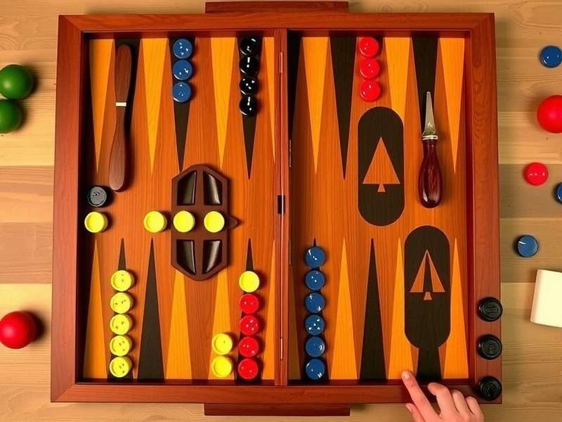Backgammon set up board with checkers arranged in starting position, featuring a traditional Indian wooden board