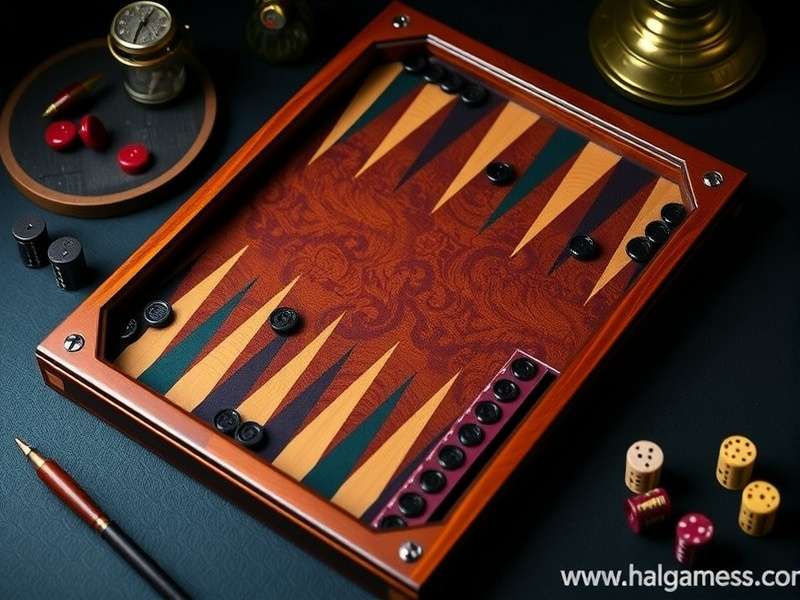 Backgammon board set up with checkers, dice, and doubling cube ready for play