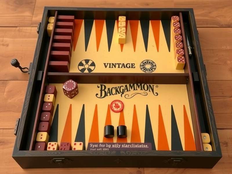 A handcrafted vintage backgammon set from India with intricate wood inlay and detailed playing pieces.