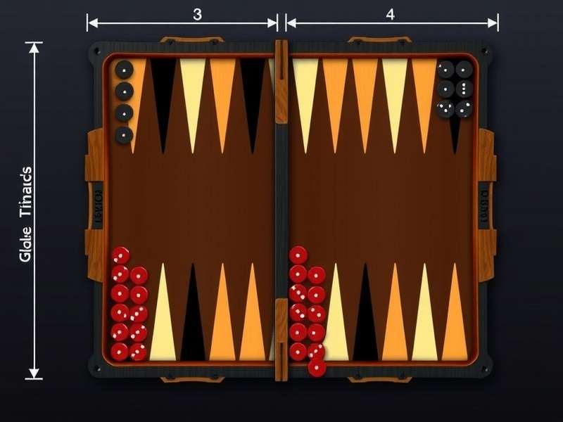 Backgammon board dimensions diagram with standard tournament measurements in centimeters and inches