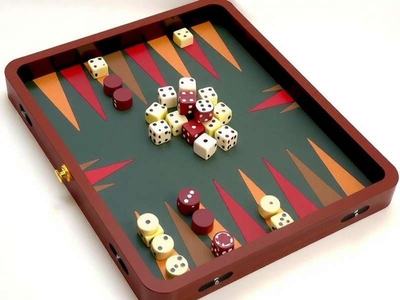 Backgammon board game setup with checkers and dice on a wooden board