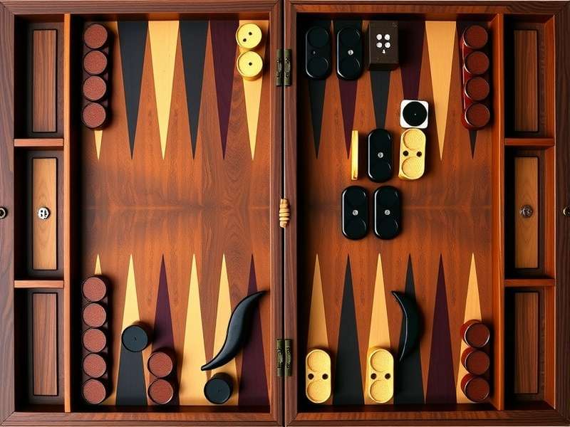 Standard Backgammon board layout with 24 triangular points, two home boards, and initial checker placement for both players.