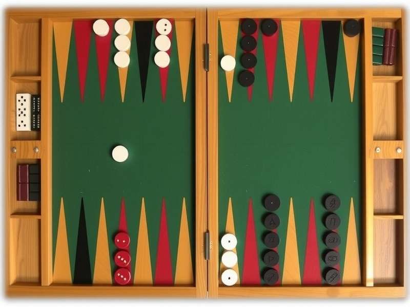 Premium wooden backgammon board with checkers and dice arranged for gameplay