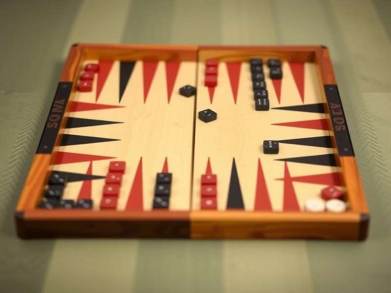 Backgammon board setup with wooden checkers and dice in classic Indian style